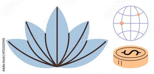 Blue lotus flower beside globe and dollar coin highlights harmony, global trade, finance, and balance. Ideal for wellness, economy, globalization, sustainability, wellness and prosperity concepts as