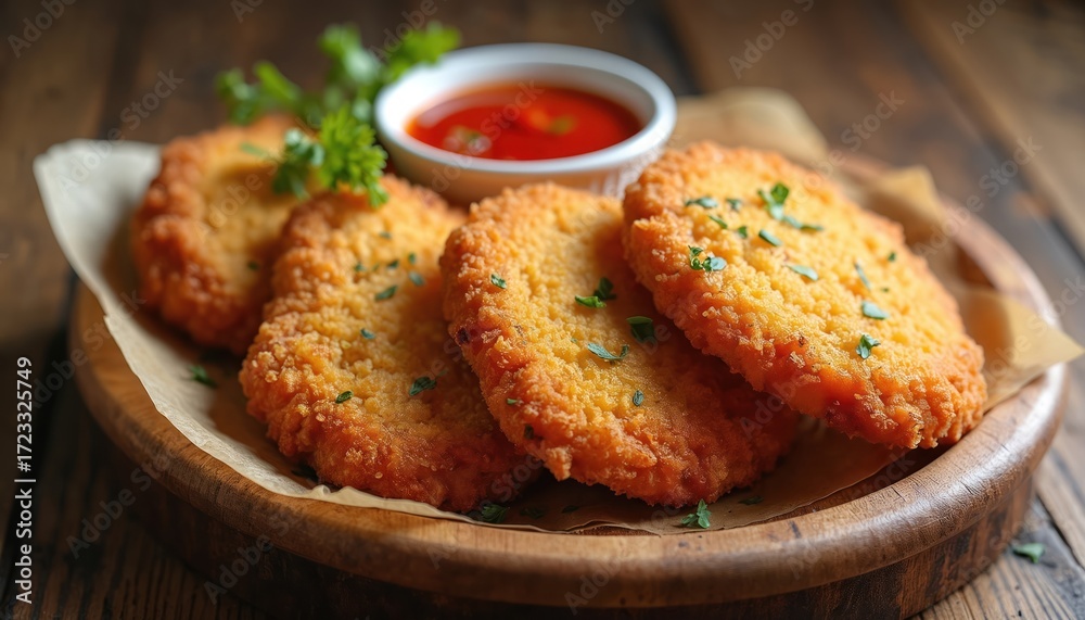 Fototapeta premium Crispy breaded chicken cutlets on wooden platter with sauce and herbs. Fried chicken cutlets meal for dinner at restaurant or at home. Tasty fried chicken pieces with crunchy texture. Delicious snack.