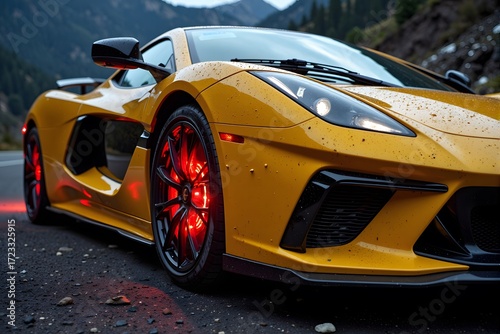 Yellow sports car with red wheels on a mountain road at dusk.