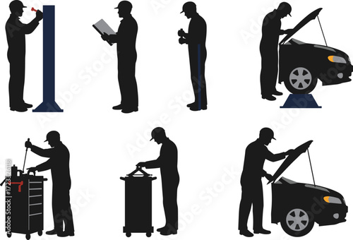Silhouette of a car mechanic working on a vehicle and using various tools in different poses.