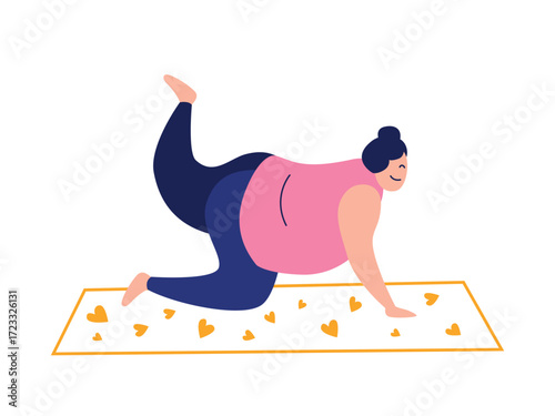Inclusive, Active fat people. Woman exercising at the gym, yoga, outdoors, and at home. Meditates, Pilates, Stretching. Healthy lifestyle. Physical practice. Vector flat illustration