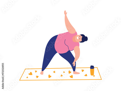 Inclusive, Active fat people. Woman exercising at the gym, yoga, outdoors, and at home. Meditates, Pilates, Stretching. Healthy lifestyle. Physical practice. Vector flat illustration.