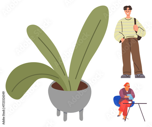Large green potted plant and two casually dressed individuals, one standing with a bag, one seated reading. Ideal for home decor, lifestyle, relaxation, hobbies, fashion, modern living