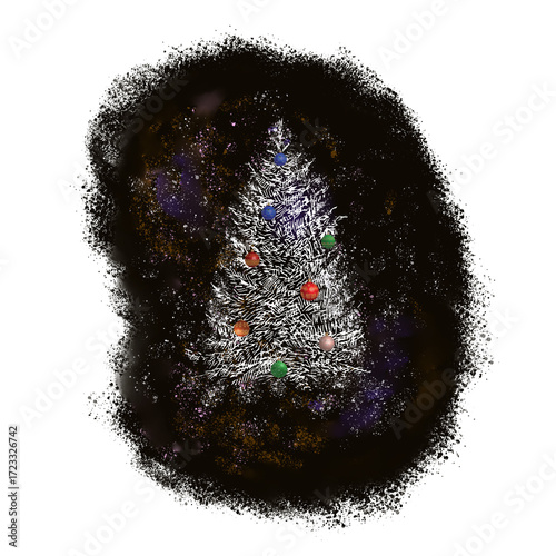 New Year, Christmas card. A Christmas tree with Christmas decorations on a black background.