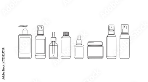 Collection of cosmetic bottles and containers depicted in a clean line drawing silhouette