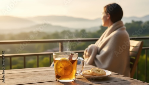 A cup of hot tea with lemon and cinnamon on a cozy balcony