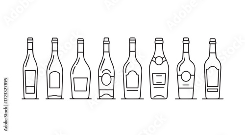 A collection of various wine and champagne bottles in a clean line art silhouette