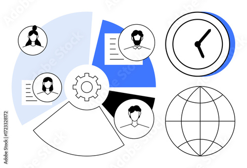 Cogwheel symbolizing processes, people in profiles linked to tasks, pie chart, clock tracking time, globe for global communication. Ideal for collaboration, productivity, teamwork, time management