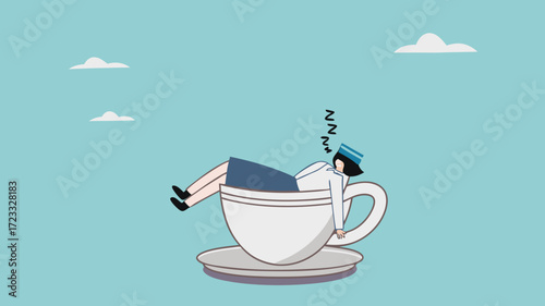 businesswoman fast asleep in a large coffee cup vector illustration. time to take a break concept. coffee break time to relax and refresh from long stress. exhausted worker relaxing in big coffee cup