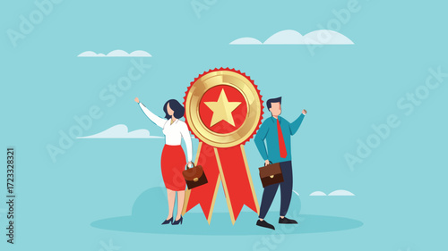 Professional or expert, success employee and win award, employee of the month, best office worker, specialist skill to achieve goal, success professional businessman and woman stand with star award
