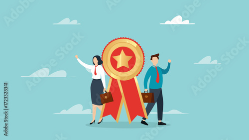 Professional or expert, success employee and win award, employee of the month, best office worker, specialist skill to achieve goal, success professional businessman and woman stand with star award