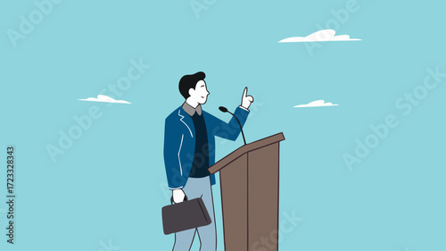 public speaking skills, executive management skill to communicate with employee, , illustration of a person expressing an opinion, businessman makes a speech giving direction to employees