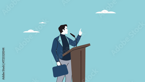 public speaking skills, executive management skill to communicate with employee, , illustration of a person expressing an opinion, businessman makes a speech giving direction to employees
