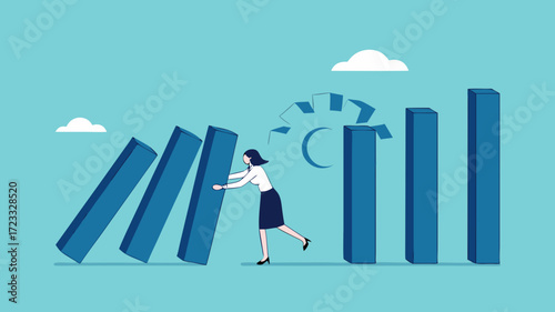 prevent economic recession, stop loss to avoid market crash or banking collapse, saving jobs or preventing economic collapse, businesswoman stop domino effect or financial chain reaction collapse