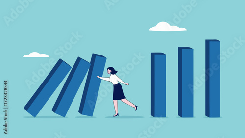 prevent economic recession, stop loss to avoid market crash or banking collapse, saving jobs or preventing economic collapse, businesswoman stop domino effect or financial chain reaction collapse