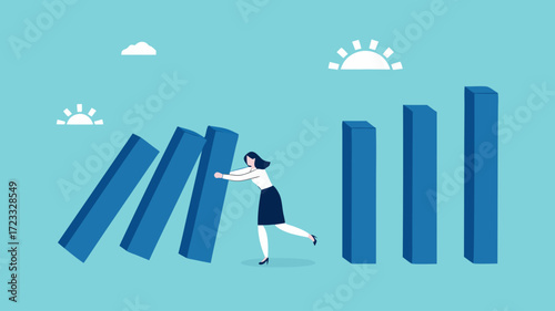 prevent economic recession, stop loss to avoid market crash or banking collapse, saving jobs or preventing economic collapse, businesswoman stop domino effect or financial chain reaction collapse
