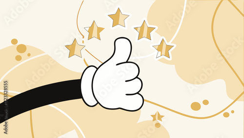 retro cartoon hand giving thumbs up with five star ratting, work performance assessment, social media post banner design, marketing material, web banner design