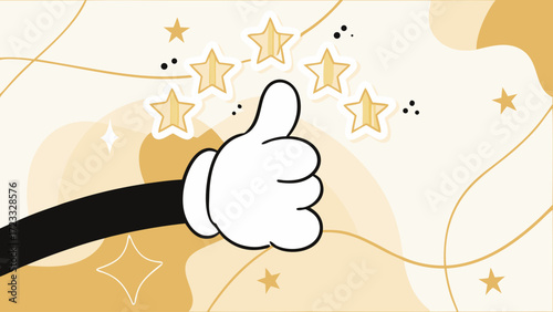 retro cartoon hand giving thumbs up with five star ratting, work performance assessment, social media post banner design, marketing material, web banner design