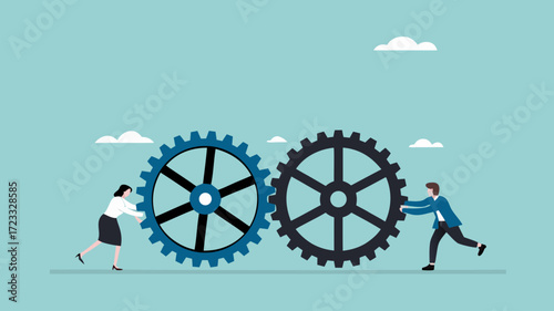 cooperation in a business setting, teamwork to reach success together, cohesiveness or synergy, help each other in work, business people push gear cogwheels together leading to success