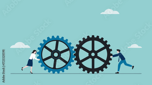 cooperation in a business setting, teamwork to reach success together, cohesiveness or synergy, help each other in work, business people push gear cogwheels together leading to success