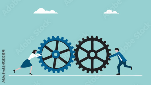 cooperation in a business setting, teamwork to reach success together, cohesiveness or synergy, help each other in work, business people push gear cogwheels together leading to success