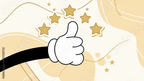 retro cartoon hand giving thumbs up with five star ratting, work performance assessment, social media post banner design, marketing material, web banner design