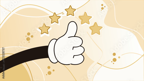 retro cartoon hand giving thumbs up with five star ratting, work performance assessment, social media post banner design, marketing material, web banner design