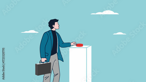 business startup launching, new product launch, confident businessman pressing the button to launch a new product or business