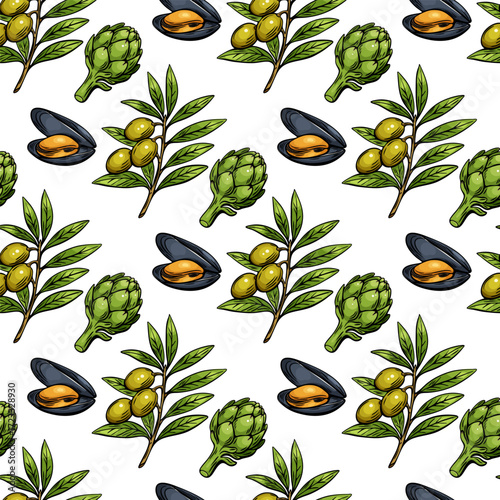 Seamless Mediterranean food pattern with olives, mussels and artichokes