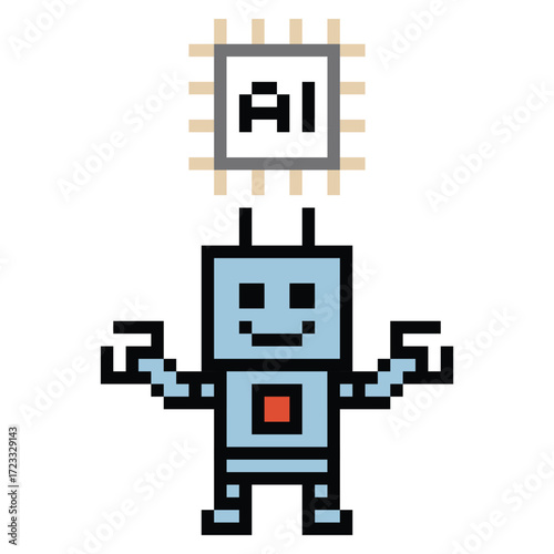 Cute pixel art cartoon robot or AI learn or learning skill with for education calculate chat bot robot vector character technology background 8 bit.