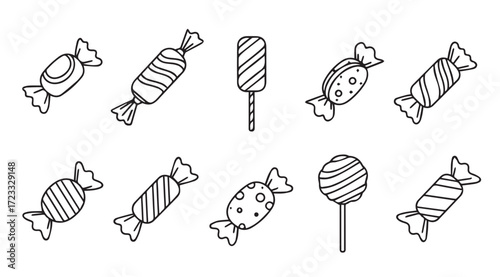 Collection of hand drawn candy and lollipop illustrations in a simple silhouette style