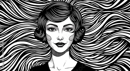 Woman with Wavy Hair, Black and White Illustration face waves lines line art vintage retro graphic design portrait monochrome abstract