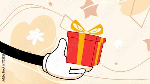 hand holding giftbox illustration, gift reward program for customer, social media post banner, marketing material