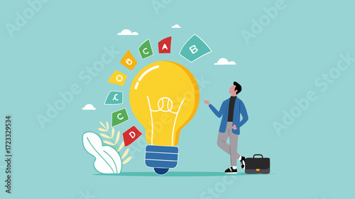 energy efficiency, energy saving level on a home or industrial scale, man presents lightbulb with energy efficient rating class to save cost green energy