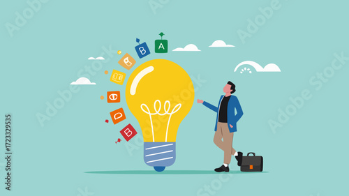 energy efficiency, energy saving level on a home or industrial scale, man presents lightbulb with energy efficient rating class to save cost green energy