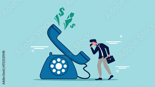 Telephone call to generate lead or sales, telemarketing strategy to promote product or service, Customer follow-up via telephone to increase sales, sales agent talk in phone call with dollar symbol