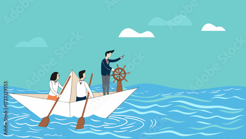 business leadership lead team to the right direction, career direction to reach work achievement, employee teamwork to help success, businessman boat captain control the direction of business