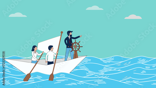 business leadership lead team to the right direction, career direction to reach work achievement, employee teamwork to help success, businessman boat captain control the direction of business
