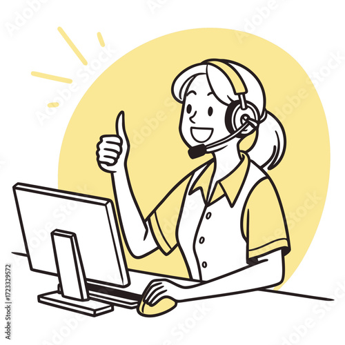 Female attendant at call center desk with headphones, smiling and giving thumbs up – clean cartoon style, minimalist details.