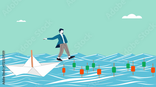 navigating stock market volatility, identify stock market or cryptocurrency market risks, Financial investment volatility, businessman investor walks carefully past lifebuoy from investment bar chart