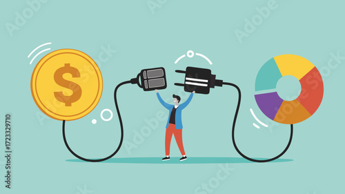 business money allocation for diversification, financial management or budget distribution, financial percentage distribution, businessman connect plug with money coin to financial pie chart