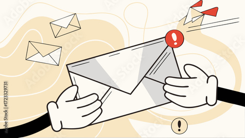 email marketing illustration, email campaign banner design, marketing material, hand retro cartoon holding envelope with notification icon