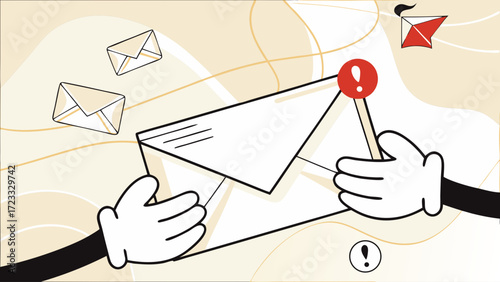 email marketing illustration, email campaign banner design, marketing material, hand retro cartoon holding envelope with notification icon