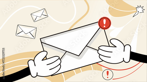 email marketing illustration, email campaign banner design, marketing material, hand retro cartoon holding envelope with notification icon