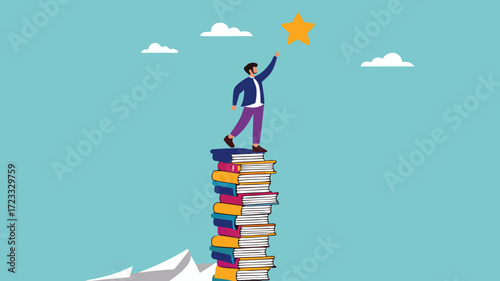 education to achieve hope of success in business, hope of career development progress with knowledge, improve literacy, Smart businessmen climb the stacks of books to reach stars of business success