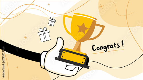 winning business award, Business champion succeed to get reward, hand retro cartoon illustration holding big cup with winner icon
