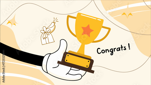 winning business award, Business champion succeed to get reward, hand retro cartoon illustration holding big cup with winner icon