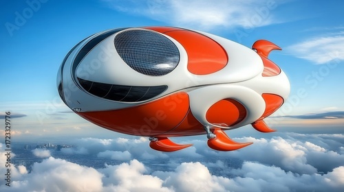 Futuristic Orange and White Pixel Airship Soaring Above Cityscape Clouds