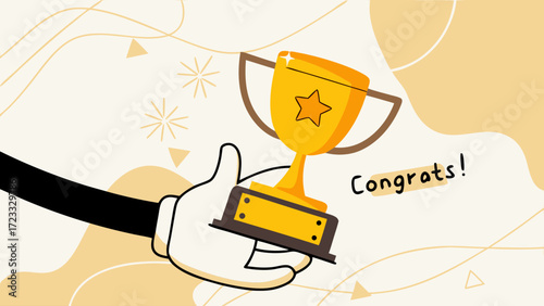 winning business award, Business champion succeed to get reward, hand retro cartoon illustration holding big cup with winner icon