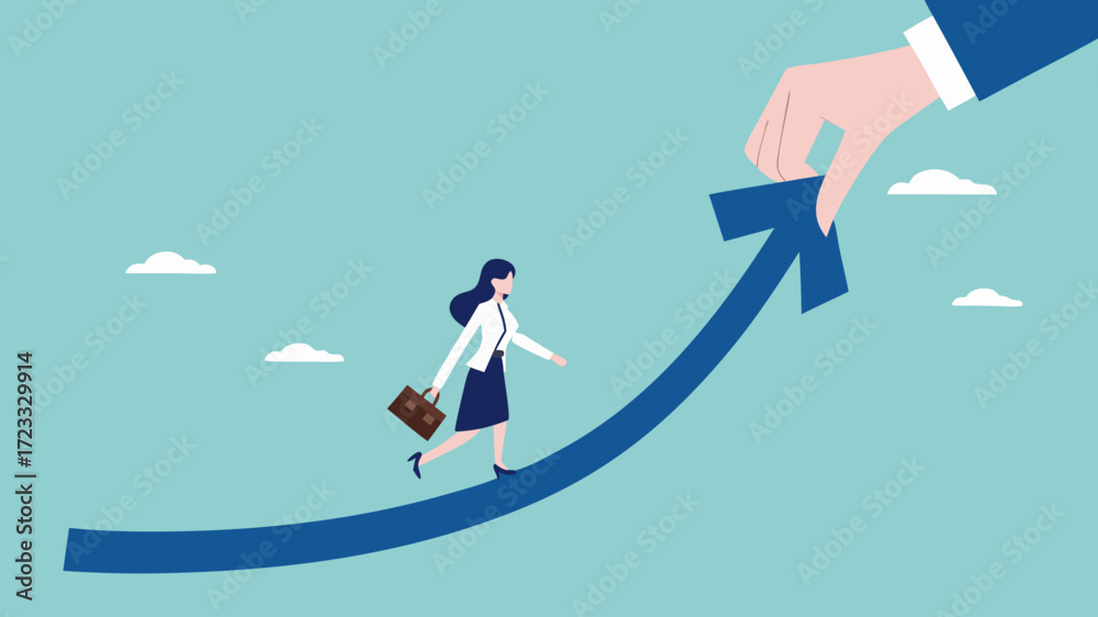 Obraz premium career growth to success concept illustration with businesswoman hand helps pull the arrow to success, career progress to success in work. career development concept vector illustration
